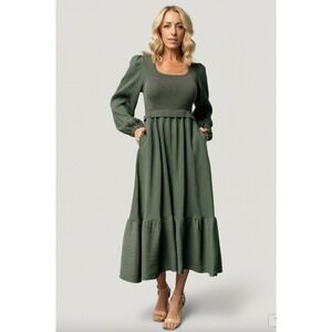 Baltic Born Alva Sweater Dress 1XL Dusty Green Mixed Media Midi Pockets